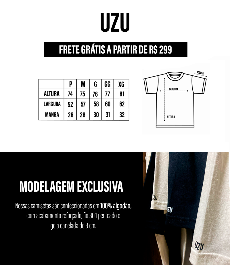 MODELAGEM EXCLUSIVA: Nossas camisetas são desenvolvidas em uma modelagem exclusiva, com acabamento reforçado e de extrema qualidade, produzidas em 100% algodão com fio 30.1 penteado e gola alta de 3 cm. Todas compras acompanham 1 chaveiro. Pagamento em até 12x ou 3x sem Juros.